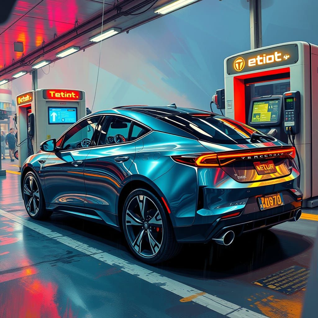 Electric Car in Neon-Lit Hyperrealism