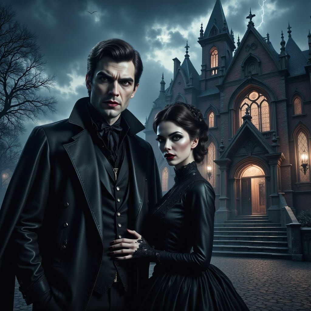 Gothic Victorian Vampire Couple Outside a Dark Cathedral at ...