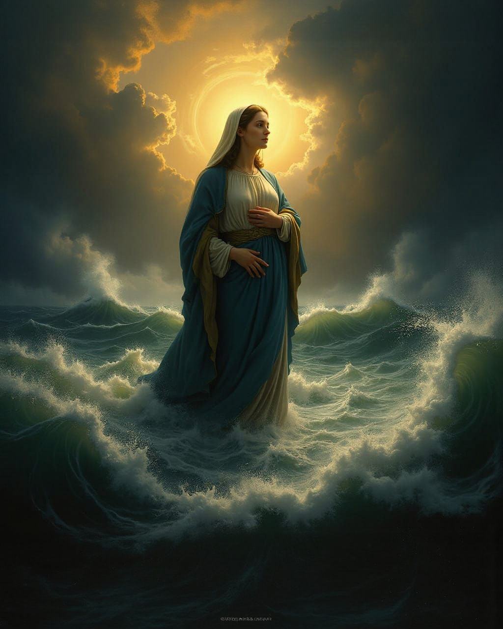 Majestic Holy Mary over Turbulent Seas, in Dramatic Light