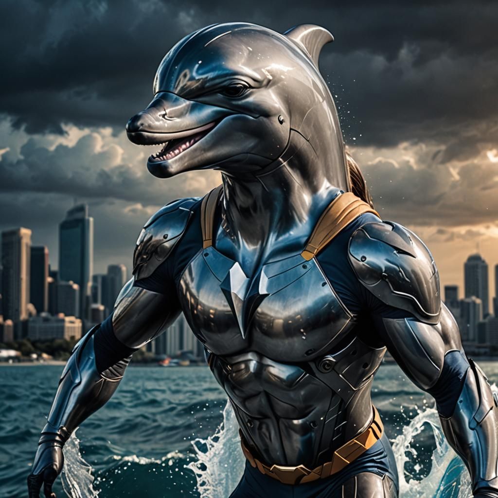 Hyperrealistic Dolphin Superhero in Cinematic Style