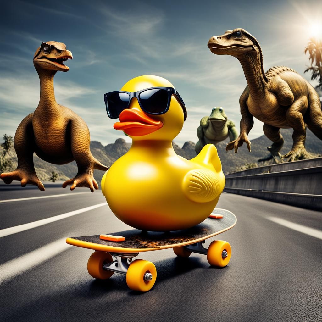 Duck on Skateboard with Dinosaurs in Hyperrealistic Style
