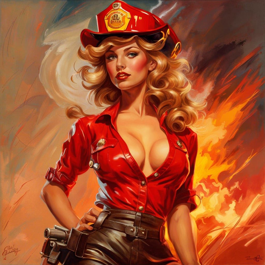 Vintage Pin-Up Firefighter in Elvgren Style