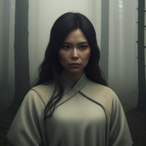 Ethereal Woman in Misty Forest, Cinematic Still