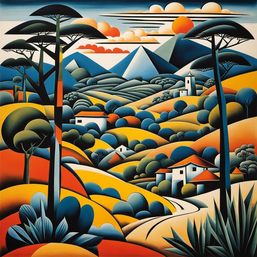 Cubist African Landscape in Japanese Ink Style