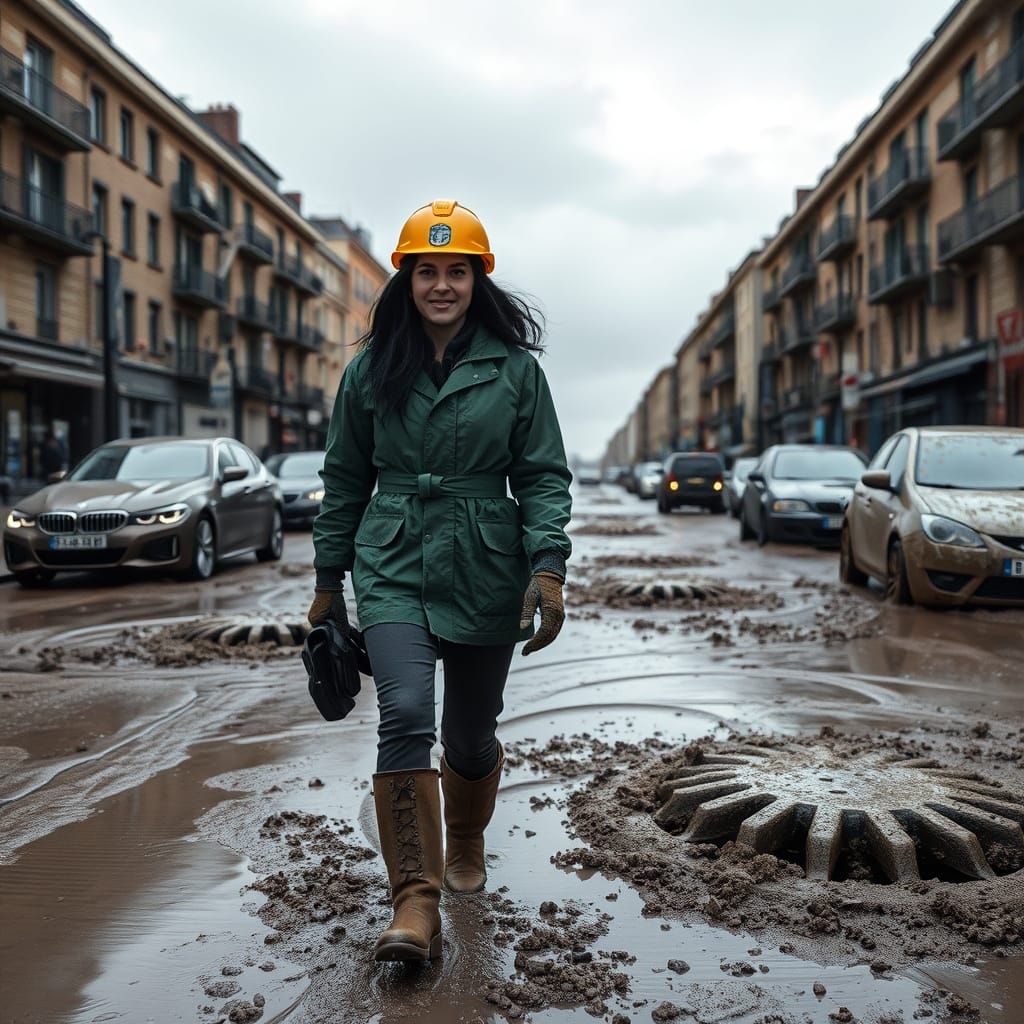 Woman Geologist Navigates Flooded City Streets