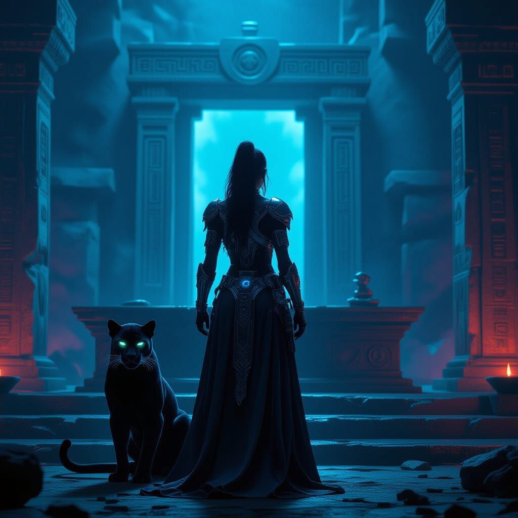 Cyberpunk Anti-Heroine with Cybernetic Panther at Ancient Al...