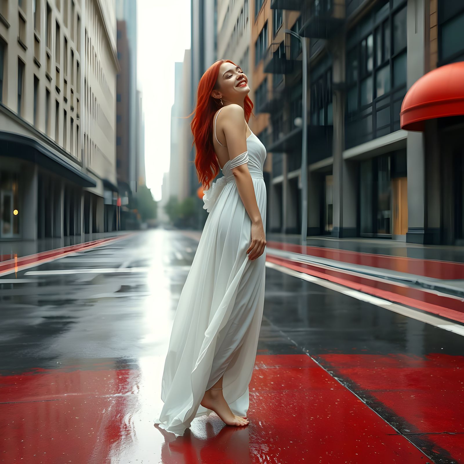 Woman in Red Hair on Rainy Street