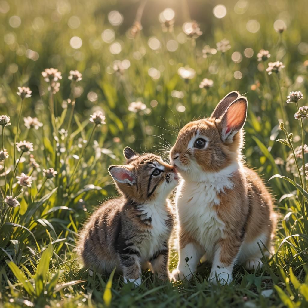 Baby Rabbit and Kitten Play in Meadow