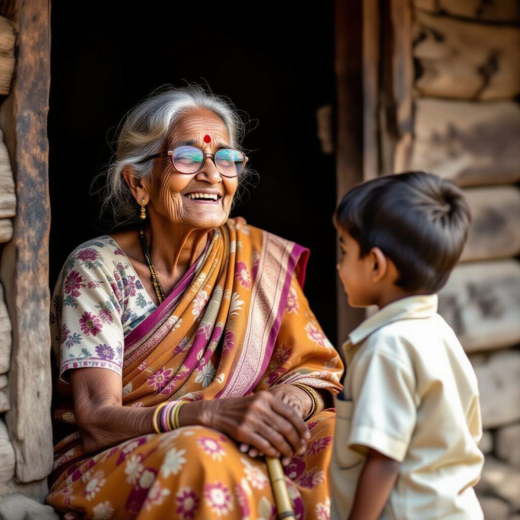 Elderly Indian Woman Laughing with Grandson
