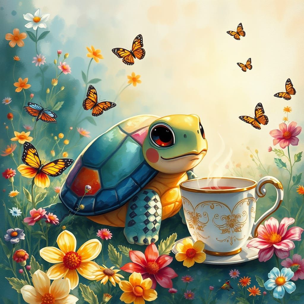 Whimsical Turtle in a Vibrant Floral Meadow