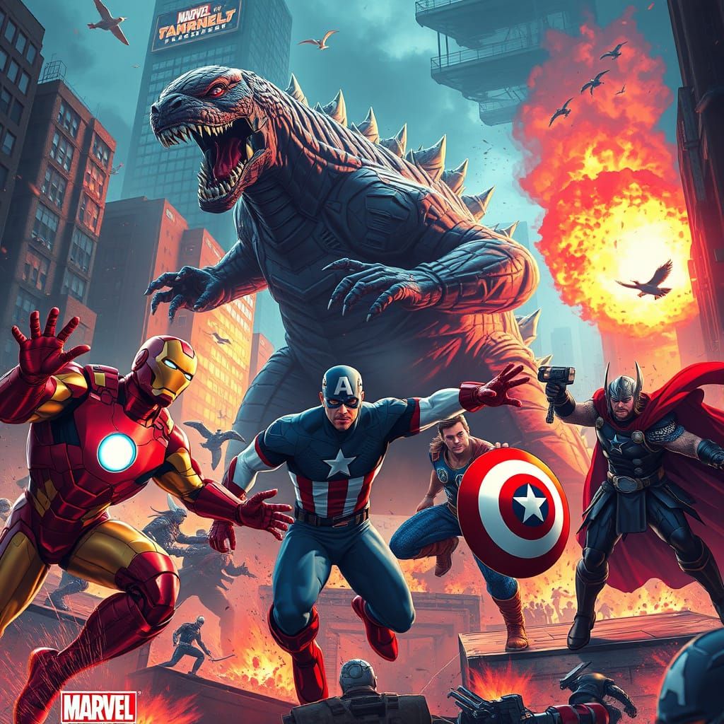 Marvel Heroes Clash with Godzilla in Neon Cityscape