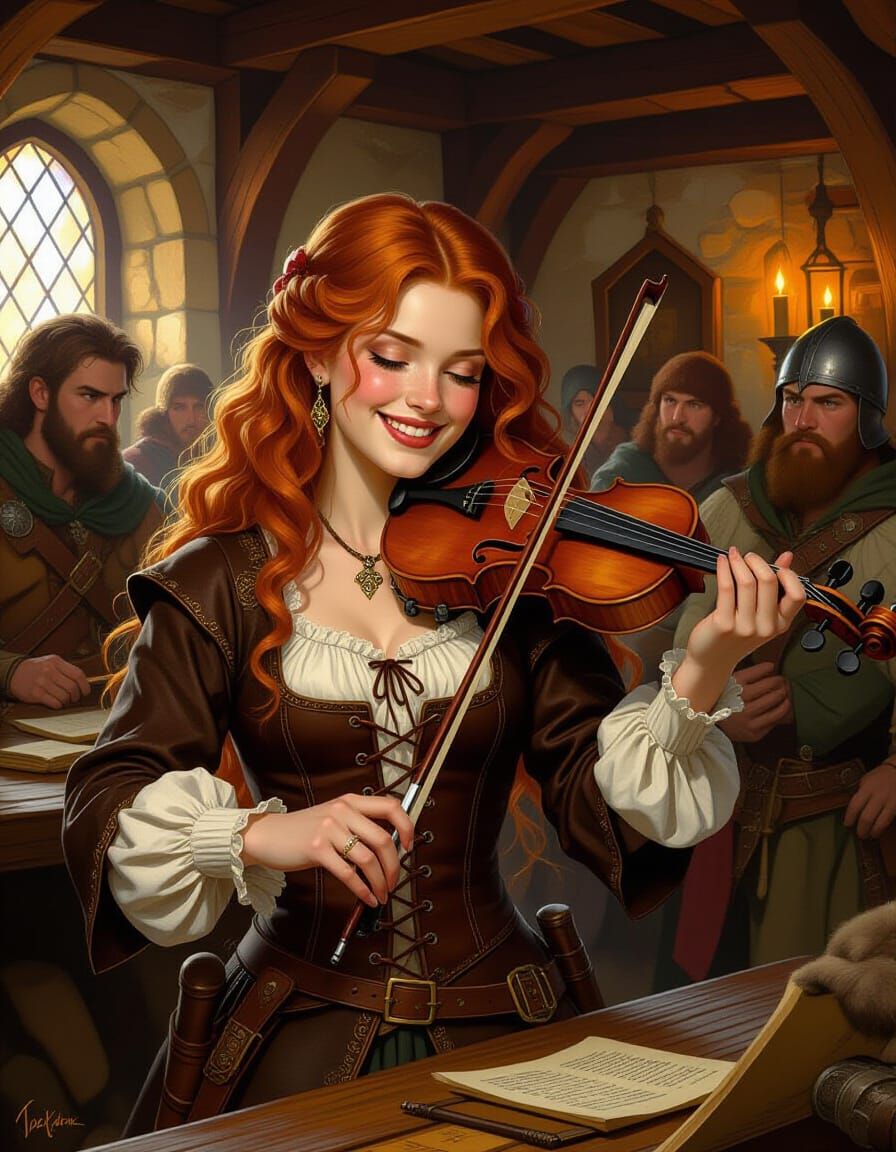 Enthusiastic Redhead Bard Plays Viola in Medieval Inn