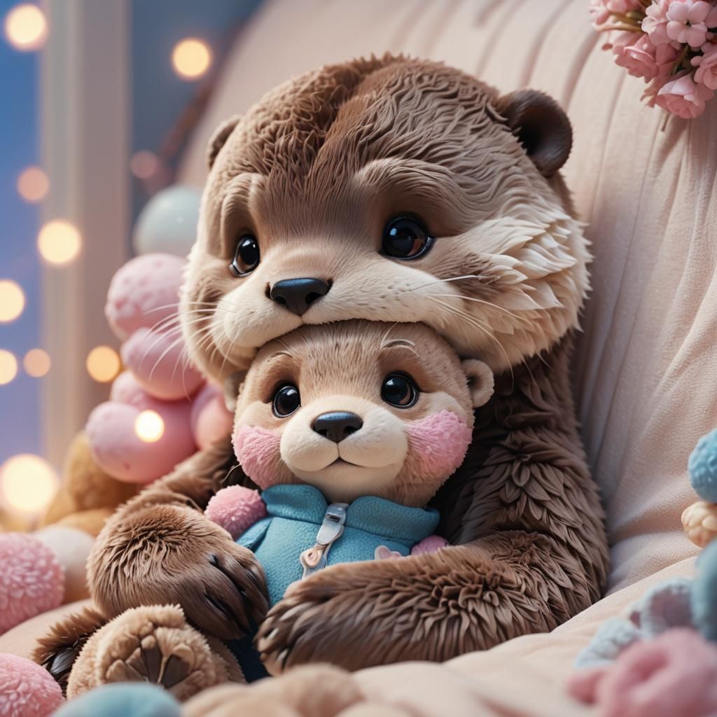 Adorable Otter Hugging Teddy Bear in Anime Style
