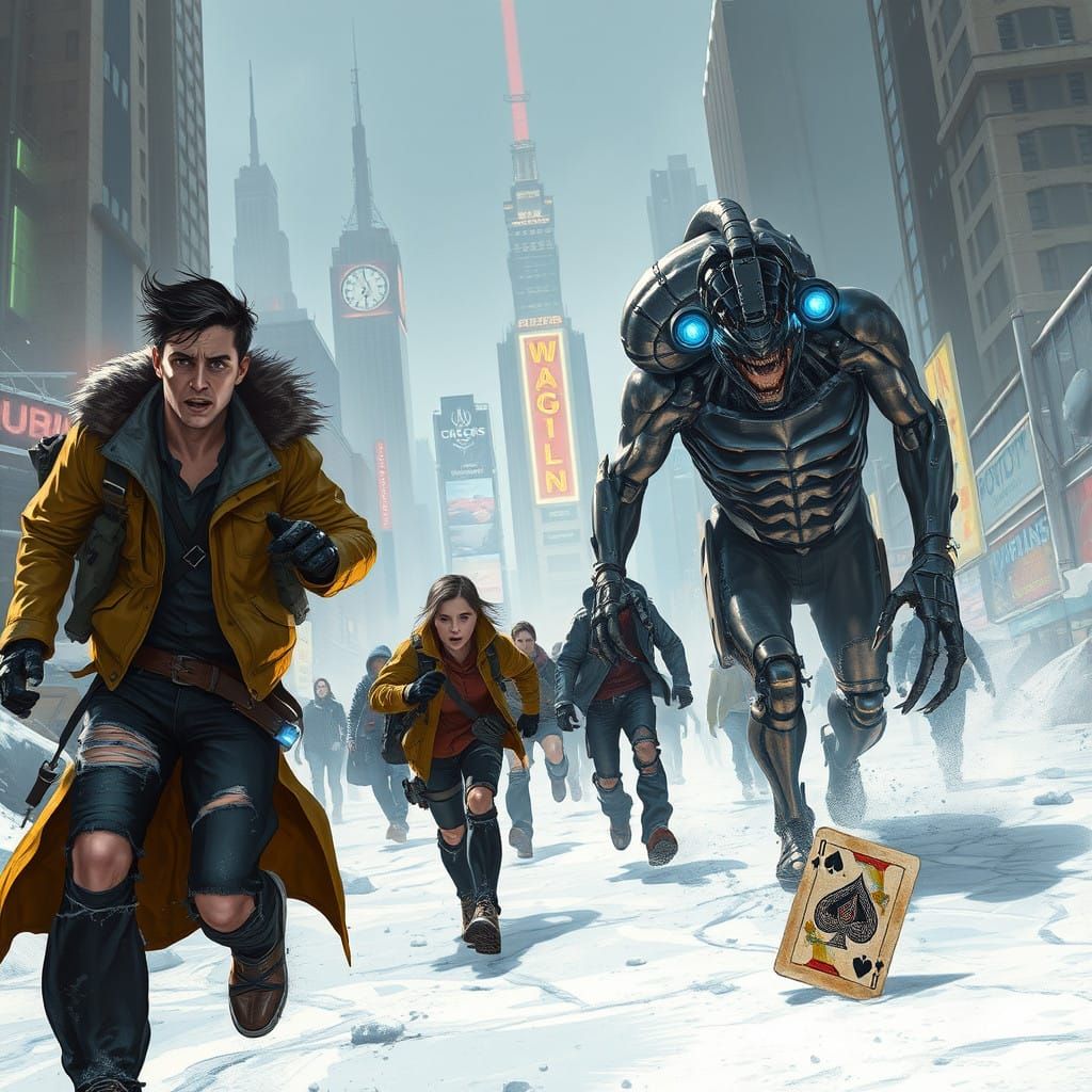 Cyberpunk Beast Hunt in a Frozen Cityscape
