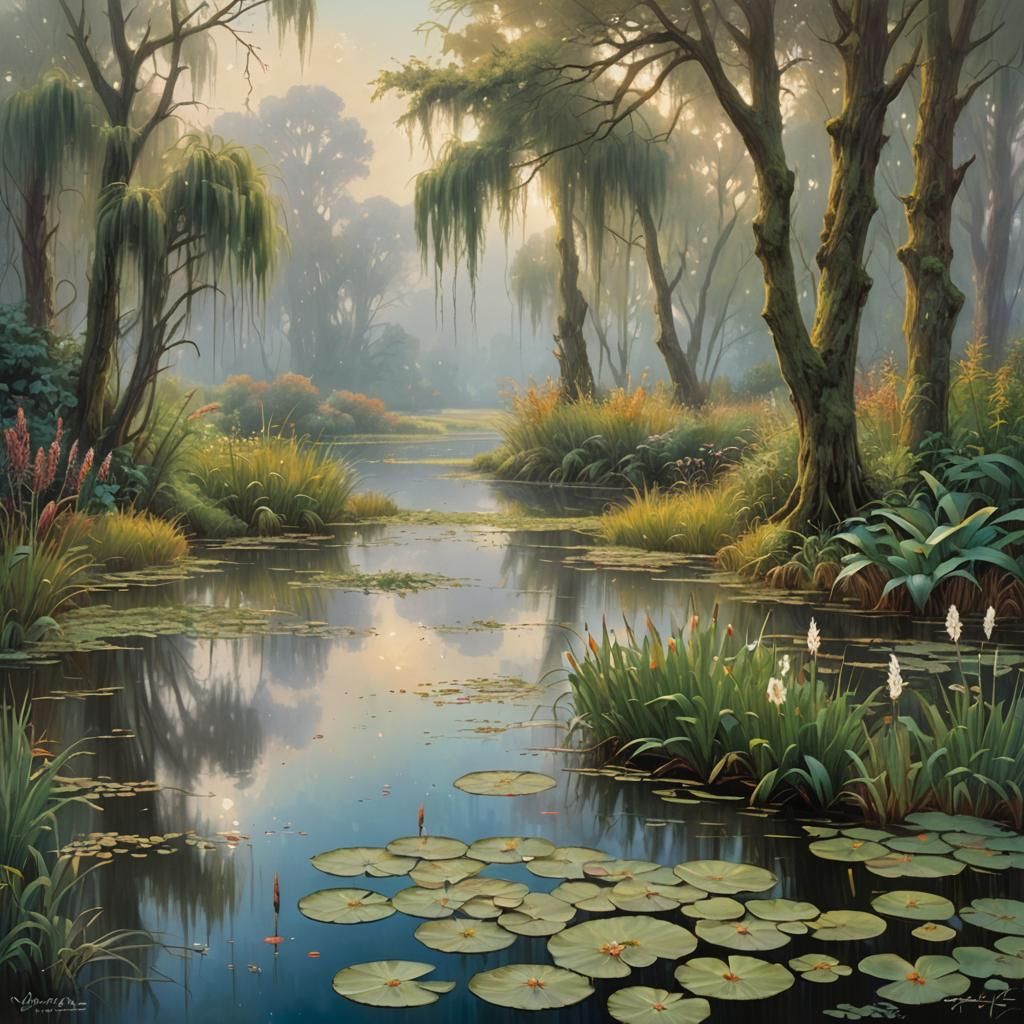 Ethereal Marsh Landscape in Oil Painting Style