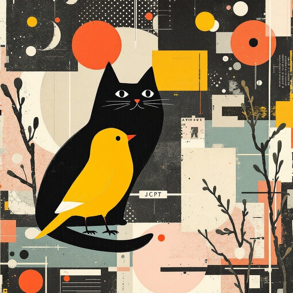 Stylized Cat and Canary in Anime Style