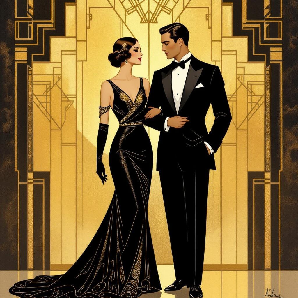 Elegant 1930s Couple in Golden Art Deco Style