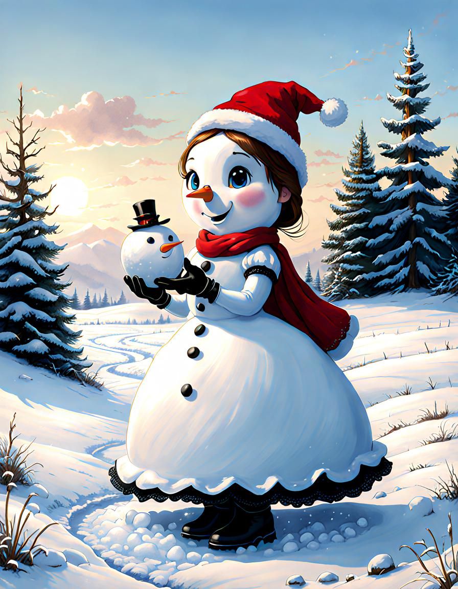 Woman in Christmas Dress Building Snowman