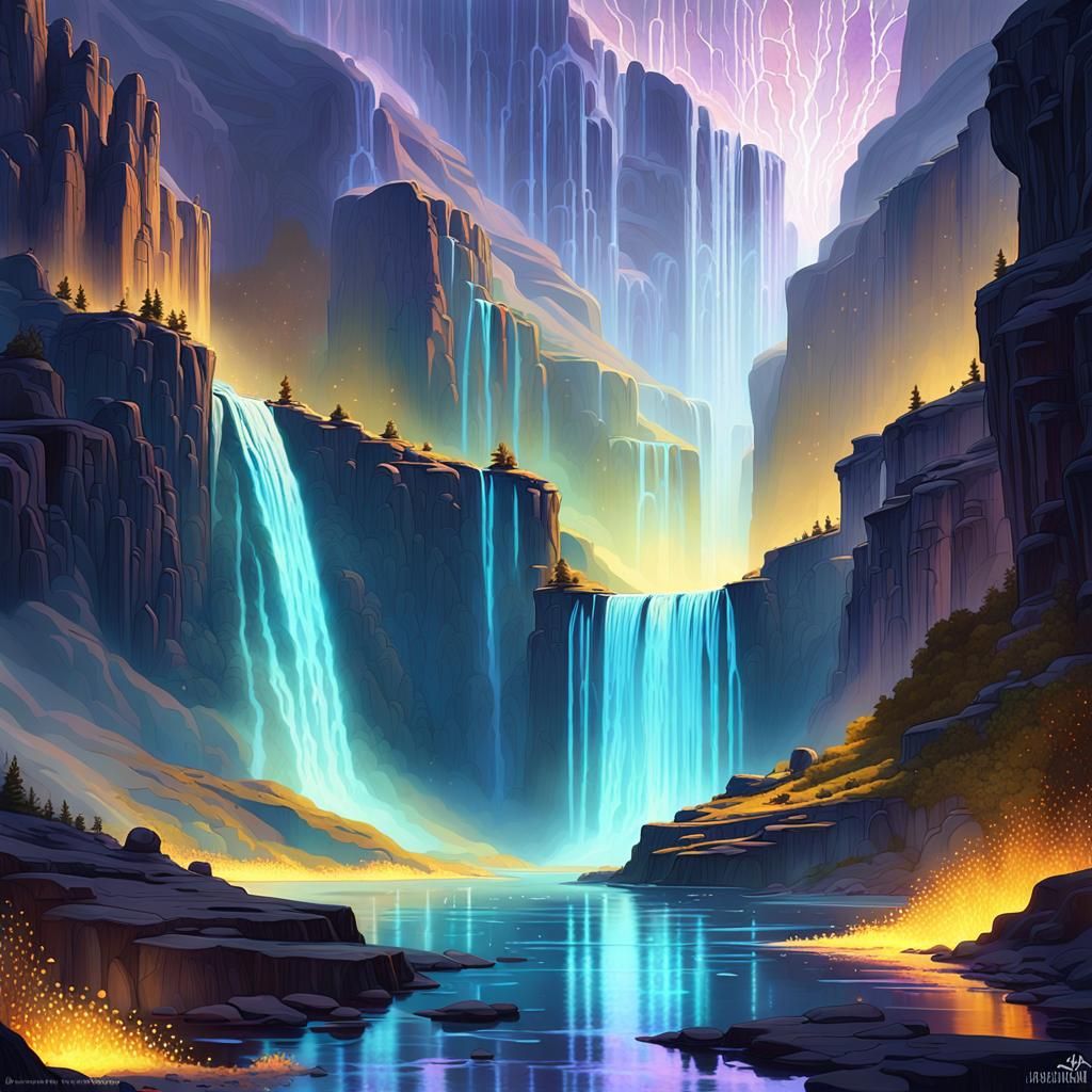 Liquid Light Waterfall: Dark Fantasy Art