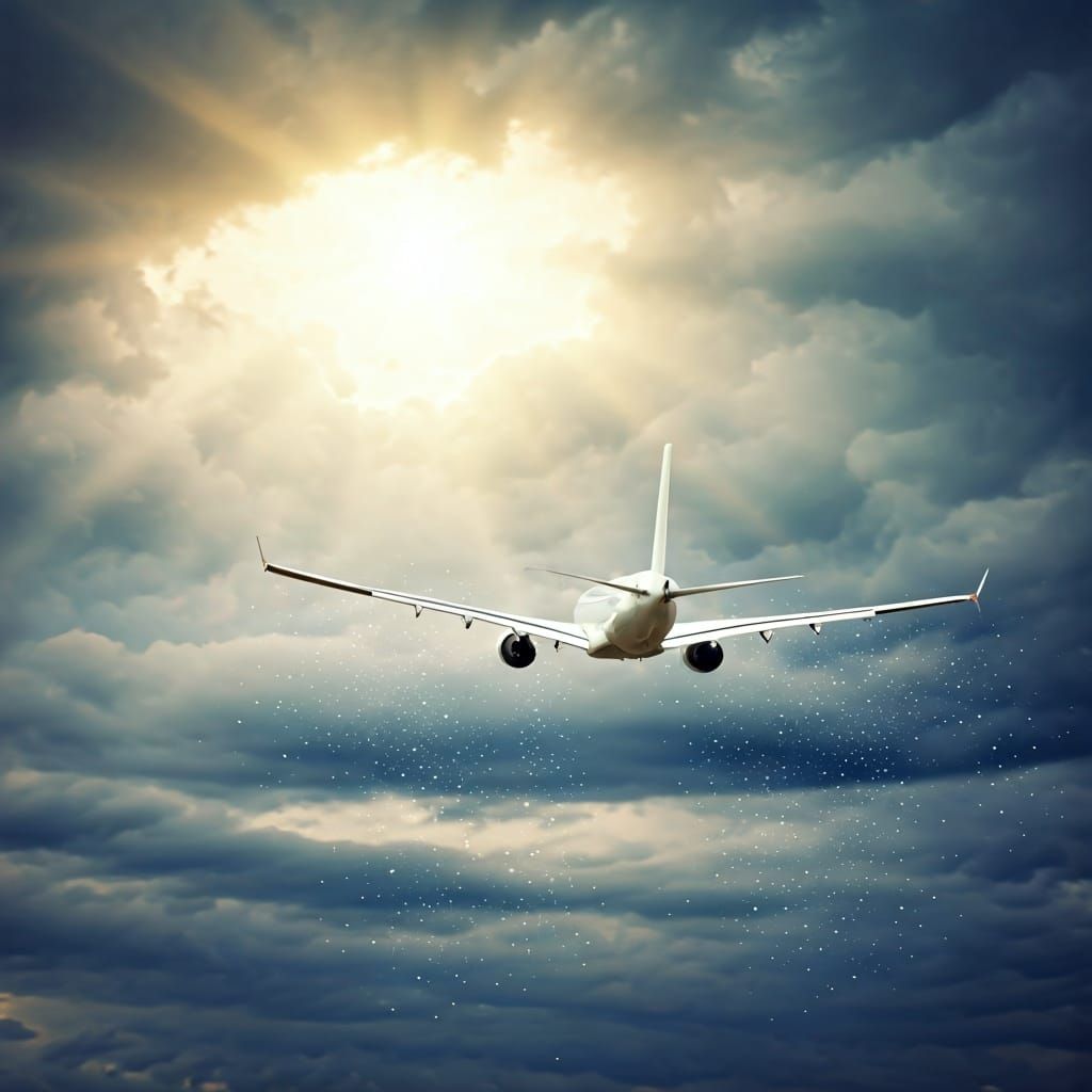 Airplane Soaring Through Stormy Sky