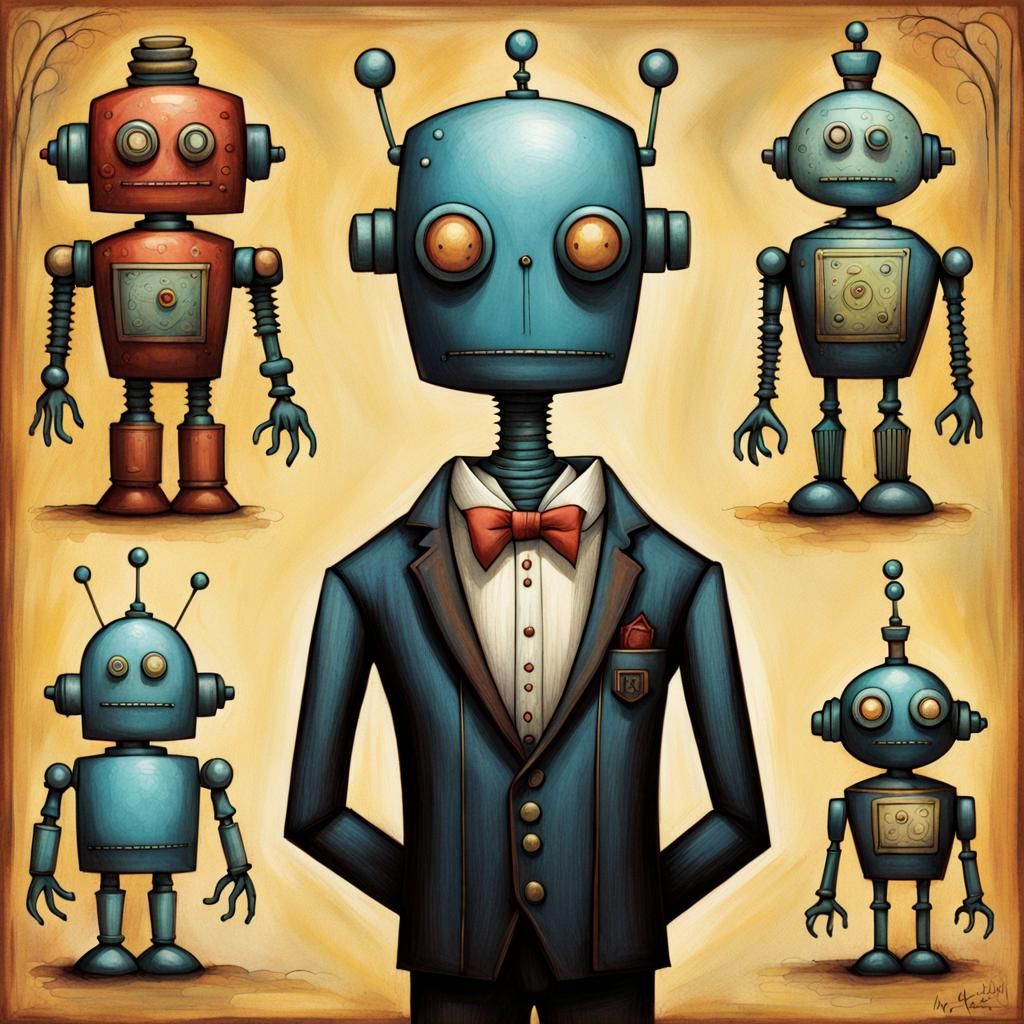 Cute Robot Butler in Art Brut Style
