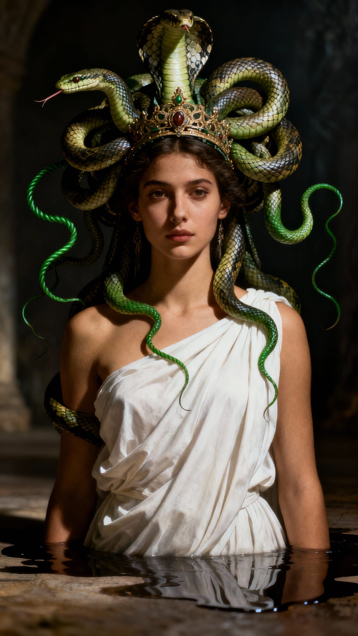 Young Woman with Snake Headdress in Dramatic Light