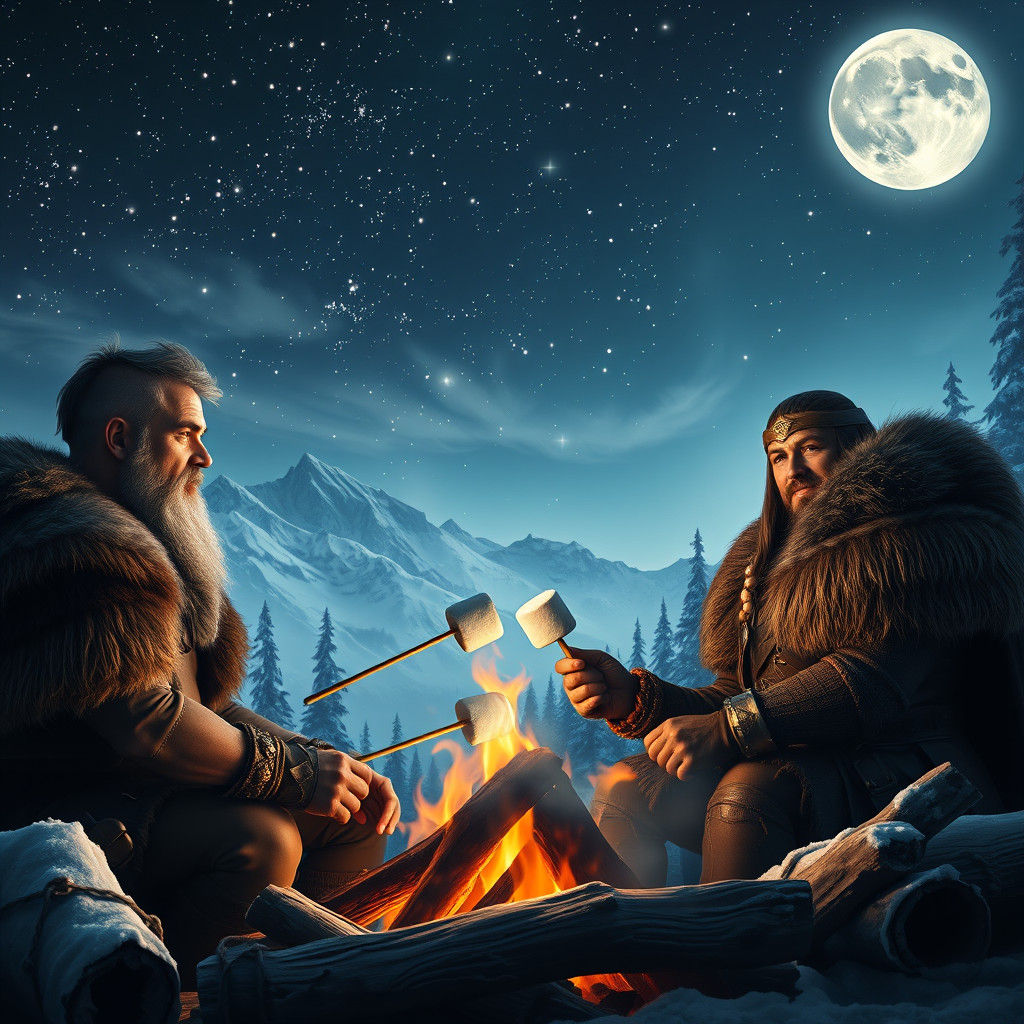A Viking and his Schildmaid sitting by a campfire roasting M...