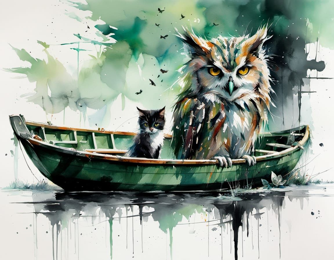 Owl and Cat in Green Boat: Watercolour Illustration