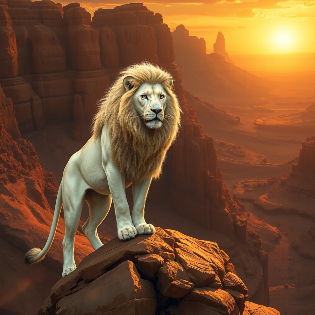 White Lion in Desert Sunset: Digital Art