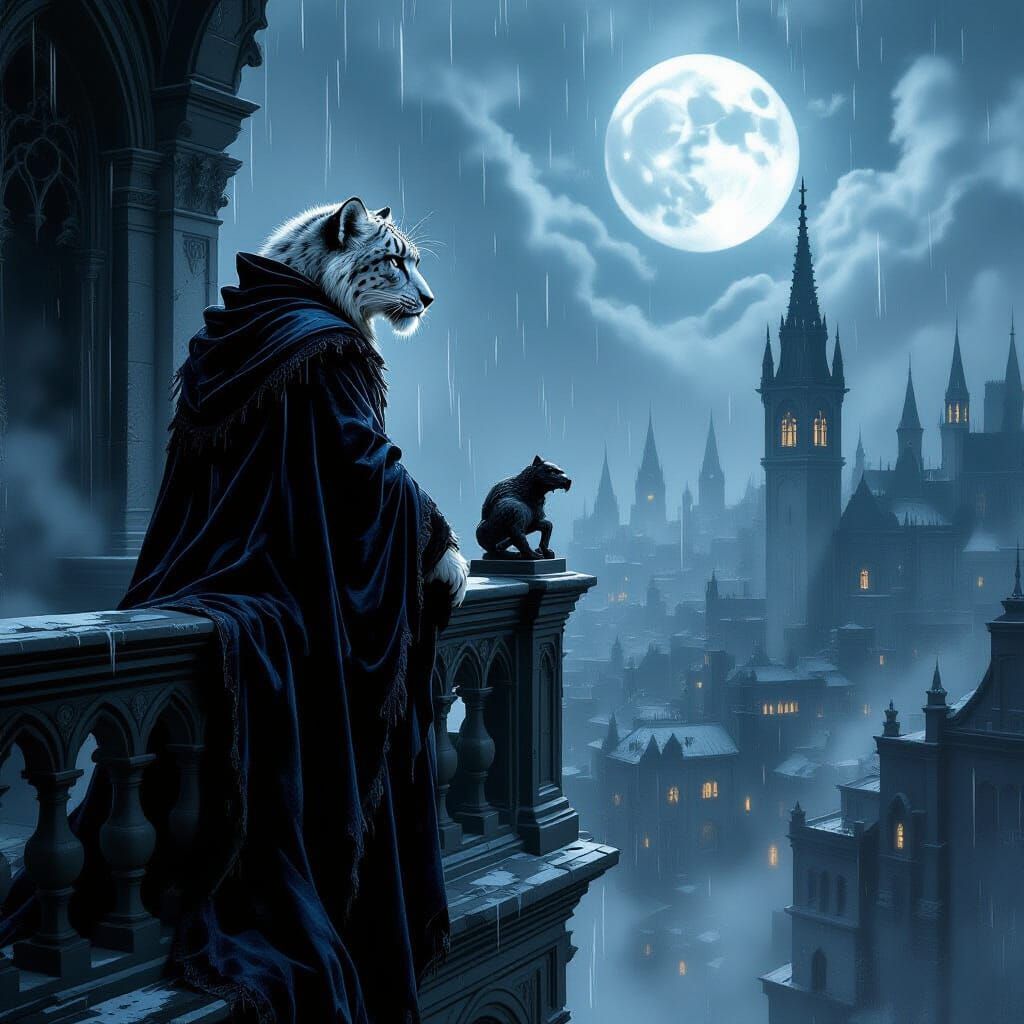 Gothic Snow Leopard on Balcony Overlooking Moonlit City
