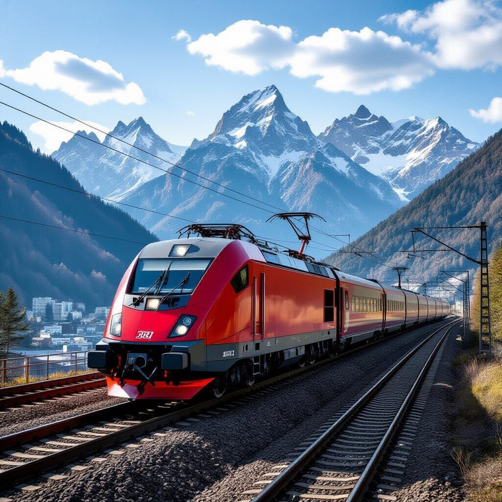 Futuristic Red and Black High-Speed Train in Mountain Citysc...