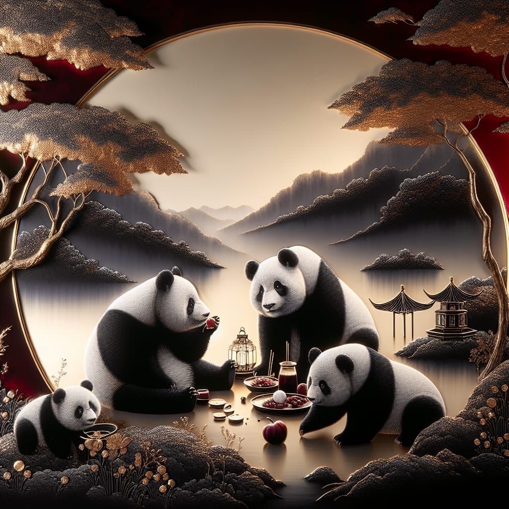 Pandas Picnic in Chinese Art Style with Velvet Colors
