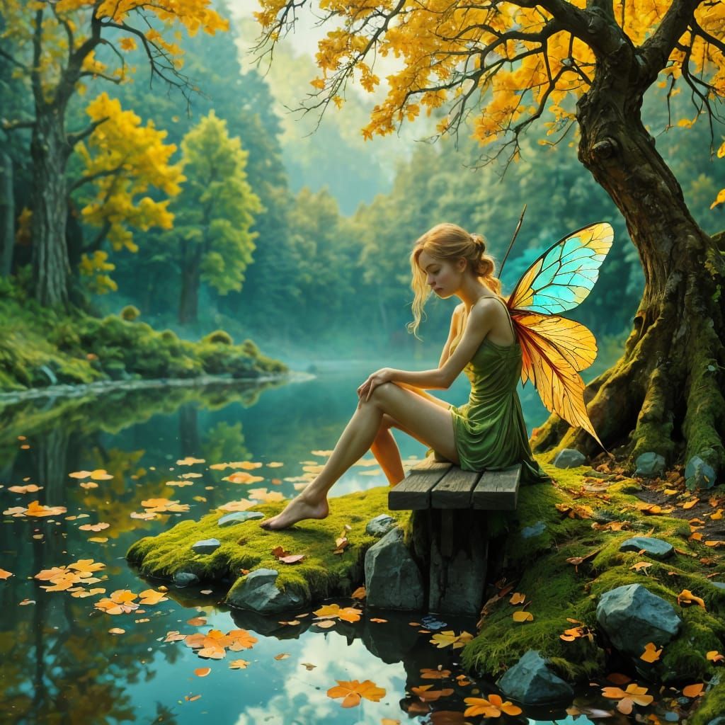 Fairy on Bench at Pond: Fantasy Art
