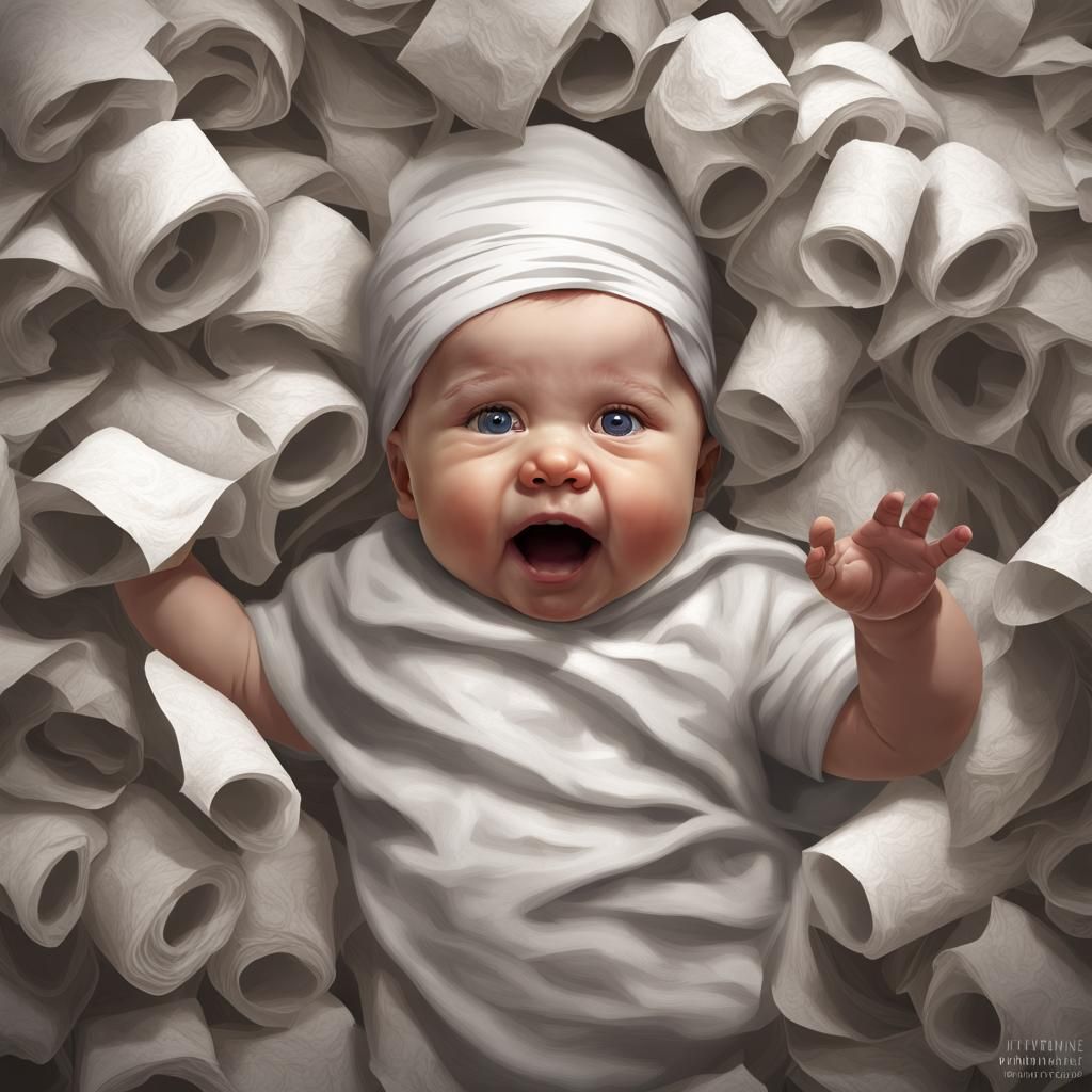 Mischievous Baby Covered in Toilet Paper: Hyperdetailed Port...