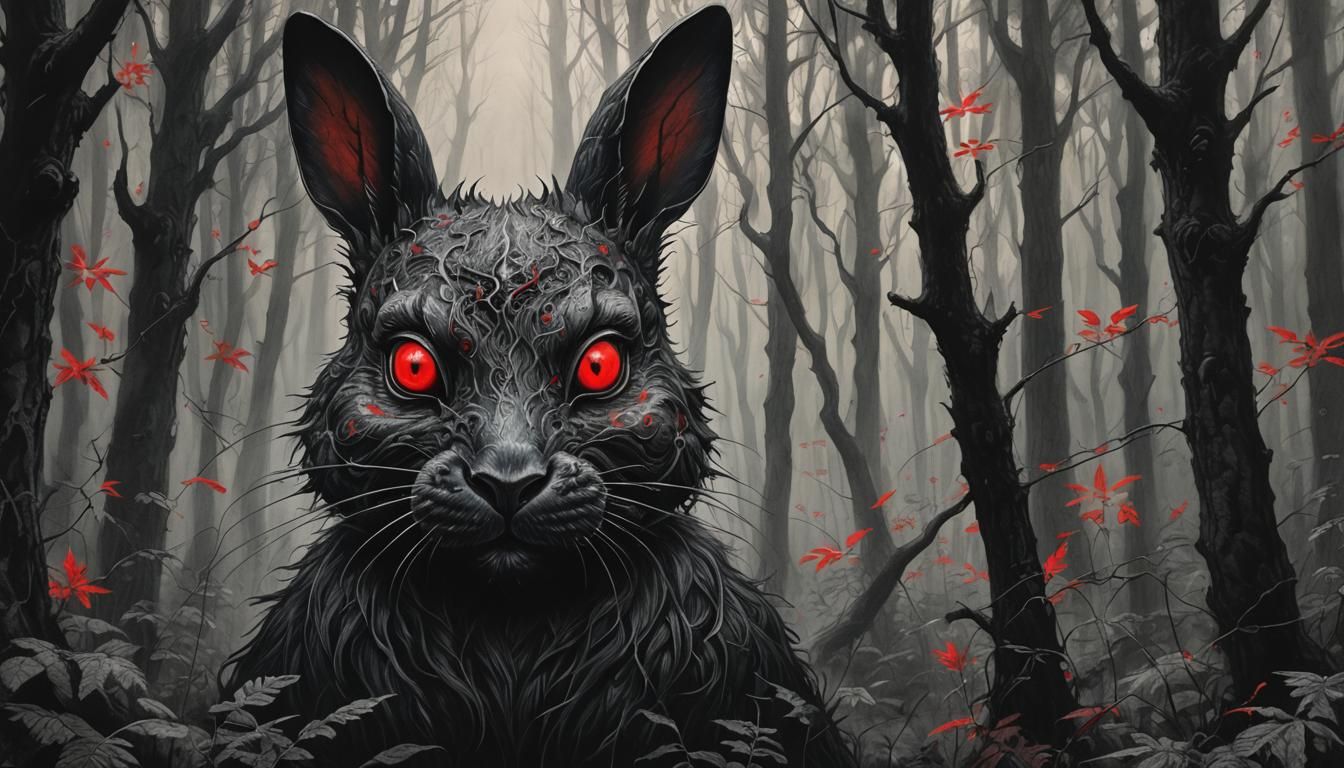Floating Black Rabbit Mask in Dark Forest