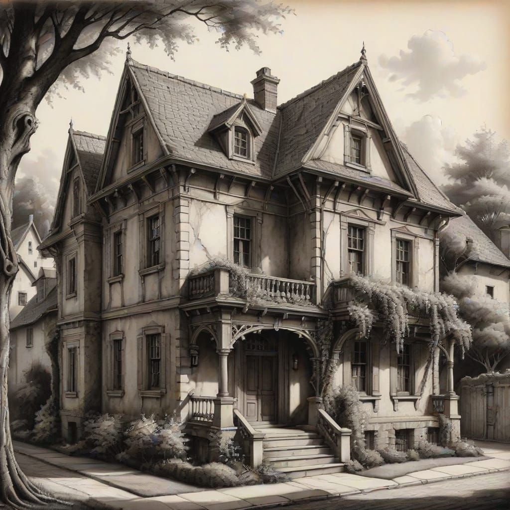 Hyper-Realistic Drawing of Old House with Vines