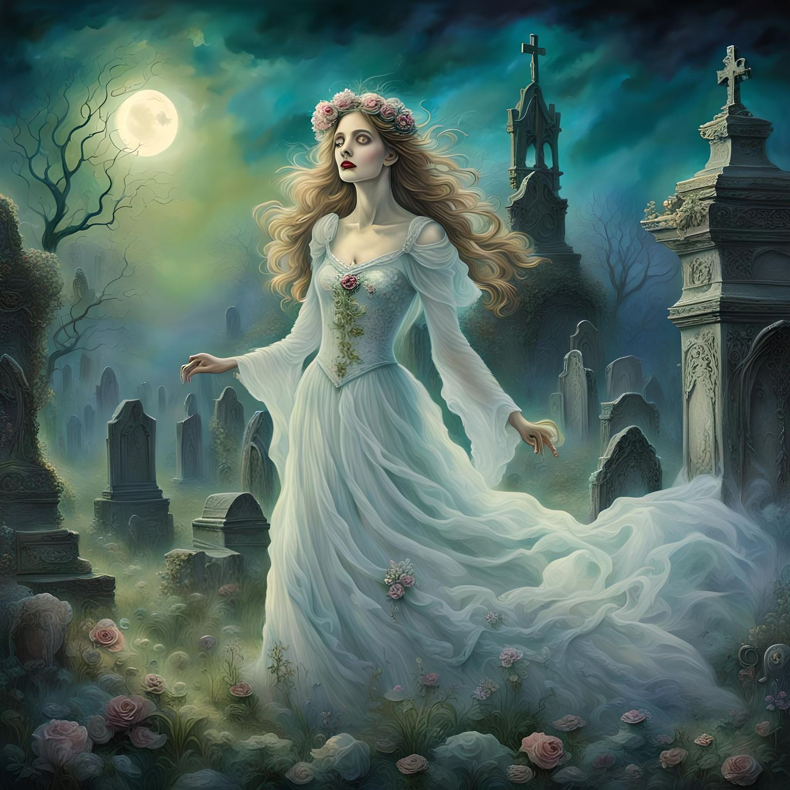 Lady Rising in Graveyard in Romanticism Style