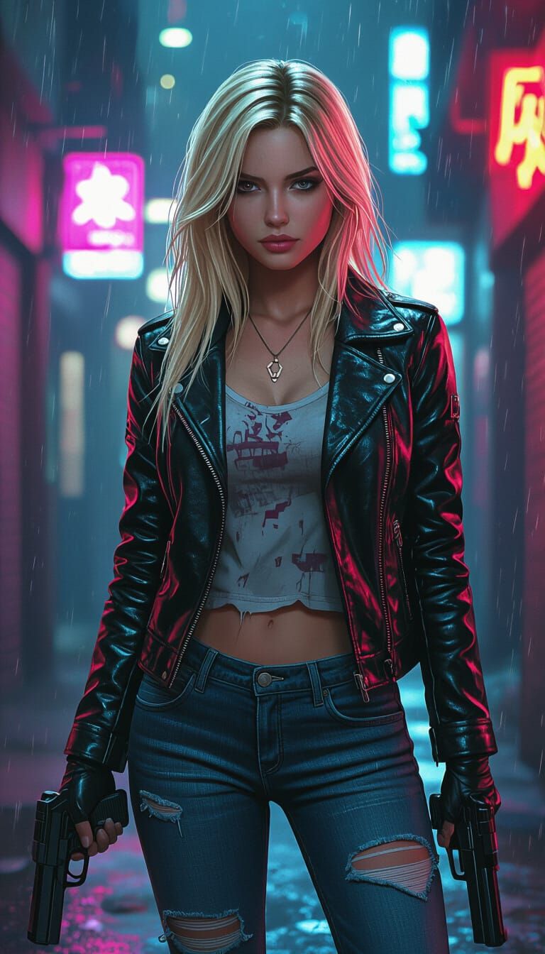 Cyberpunk Girl with Pistols in Neon Alleyway