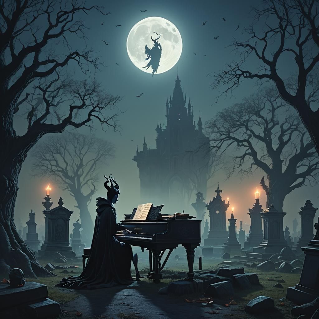 Maleficent's Graveyard Serenade: Dark Fantasy Concept Art