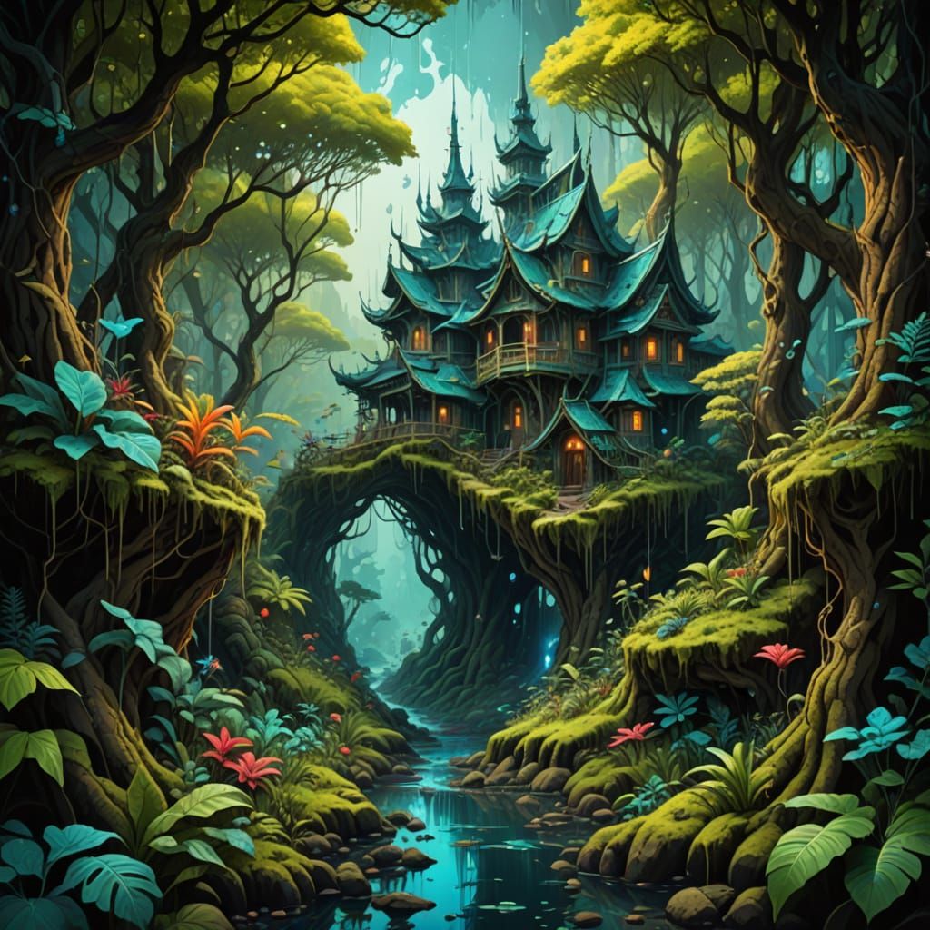 "Wild forest spirered dwelling in acid rain", highly detailed mixed textured