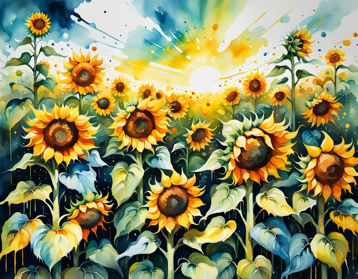 Colorful Summer Sunflower Field: Watercolor Graffiti Art