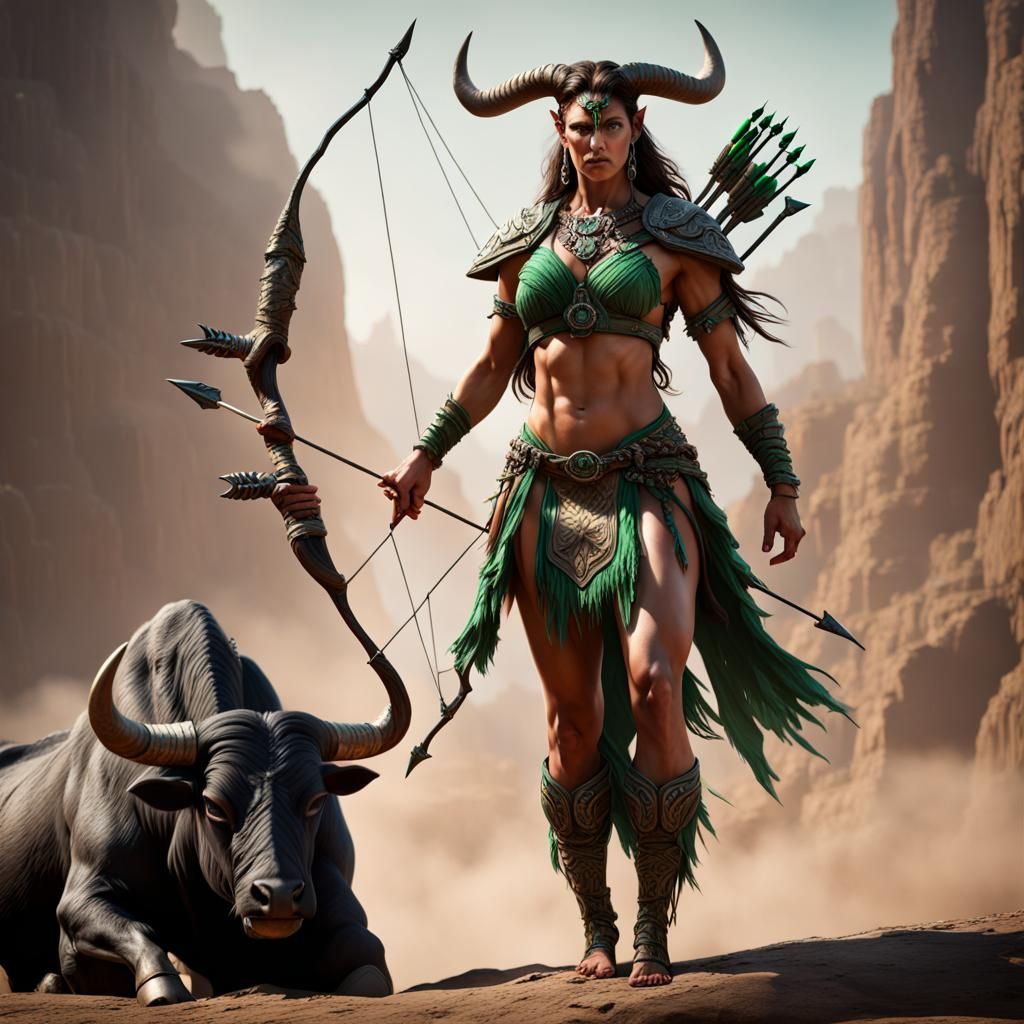 Tribal Bull-Woman Archer in Dark Fantasy 3D Rendering