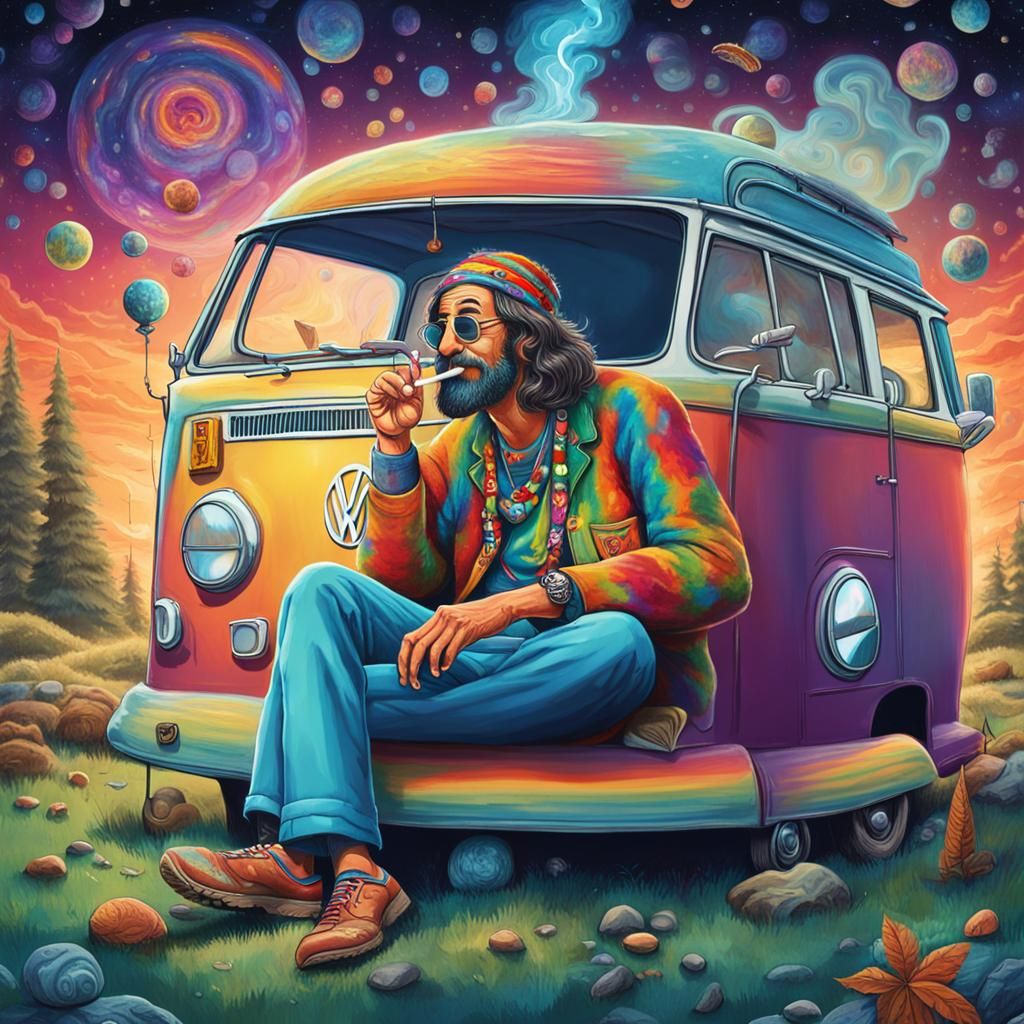 Groovy Hippie Caricature by VW Bus, Cosmic Art