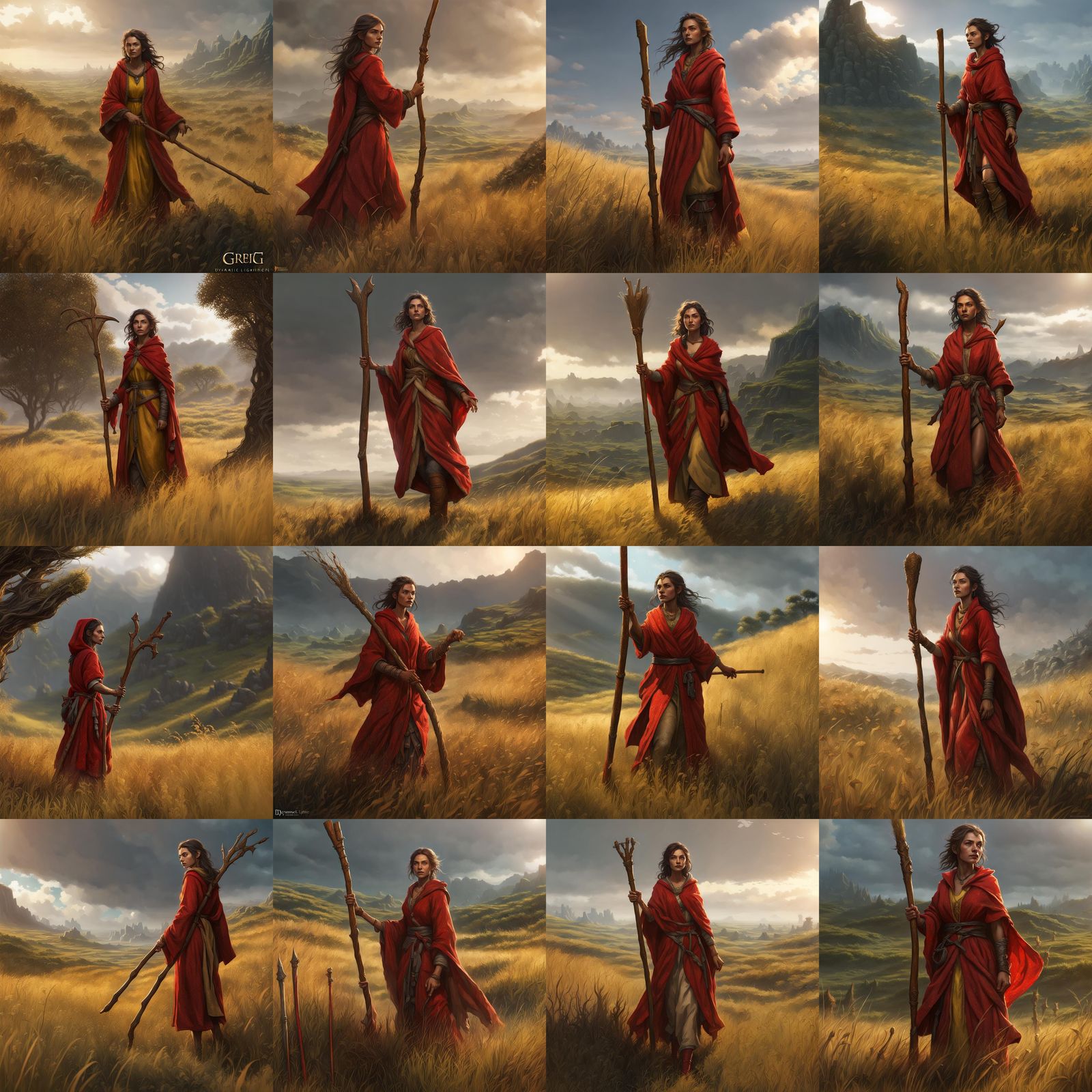 Hobbit Woman with Staff in Grassy Field