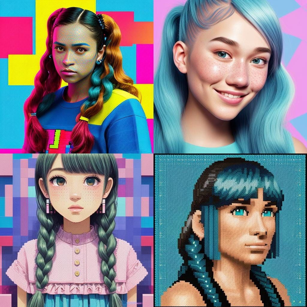 Pixelated Portrait of a Girl with Pigtails