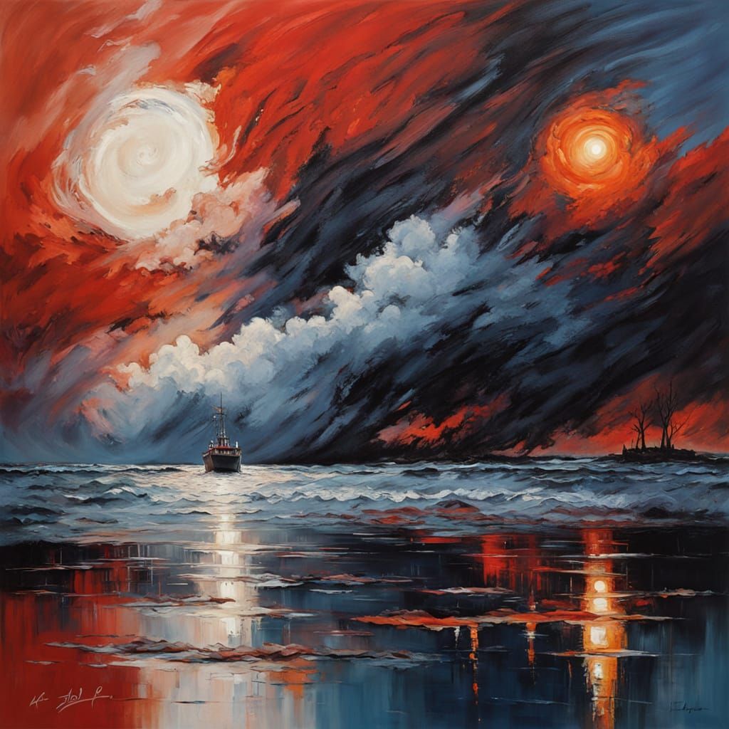 Rowboat Under Tumultuous Sky as Vivid Painting