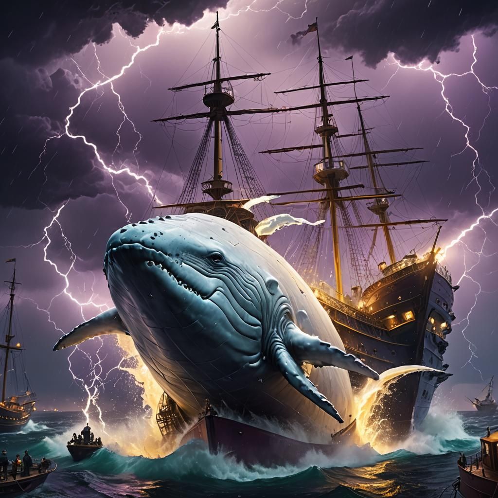 Whale Breaching Ship in Lightning Storm