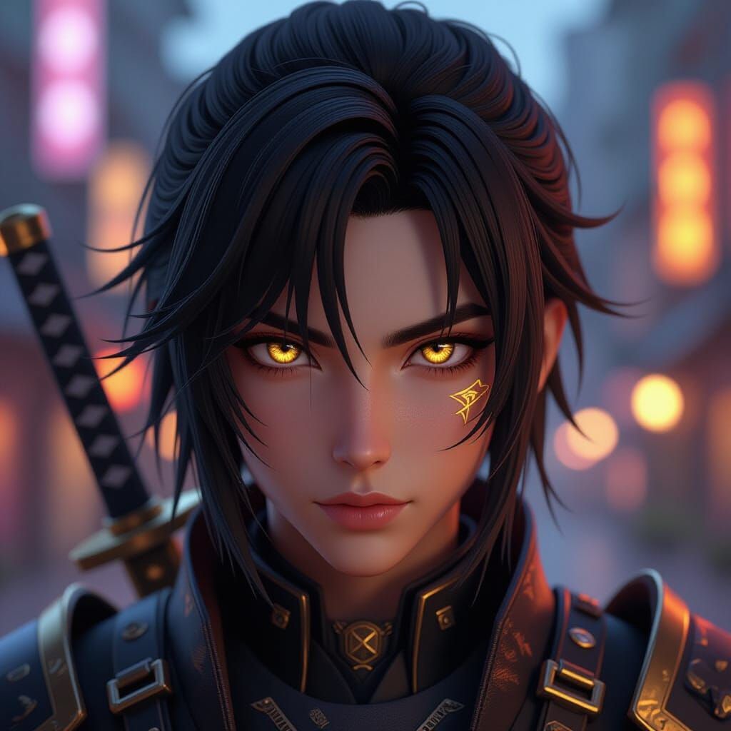 Cyberpunk Samurai with Golden Eyes in Neon Lighting