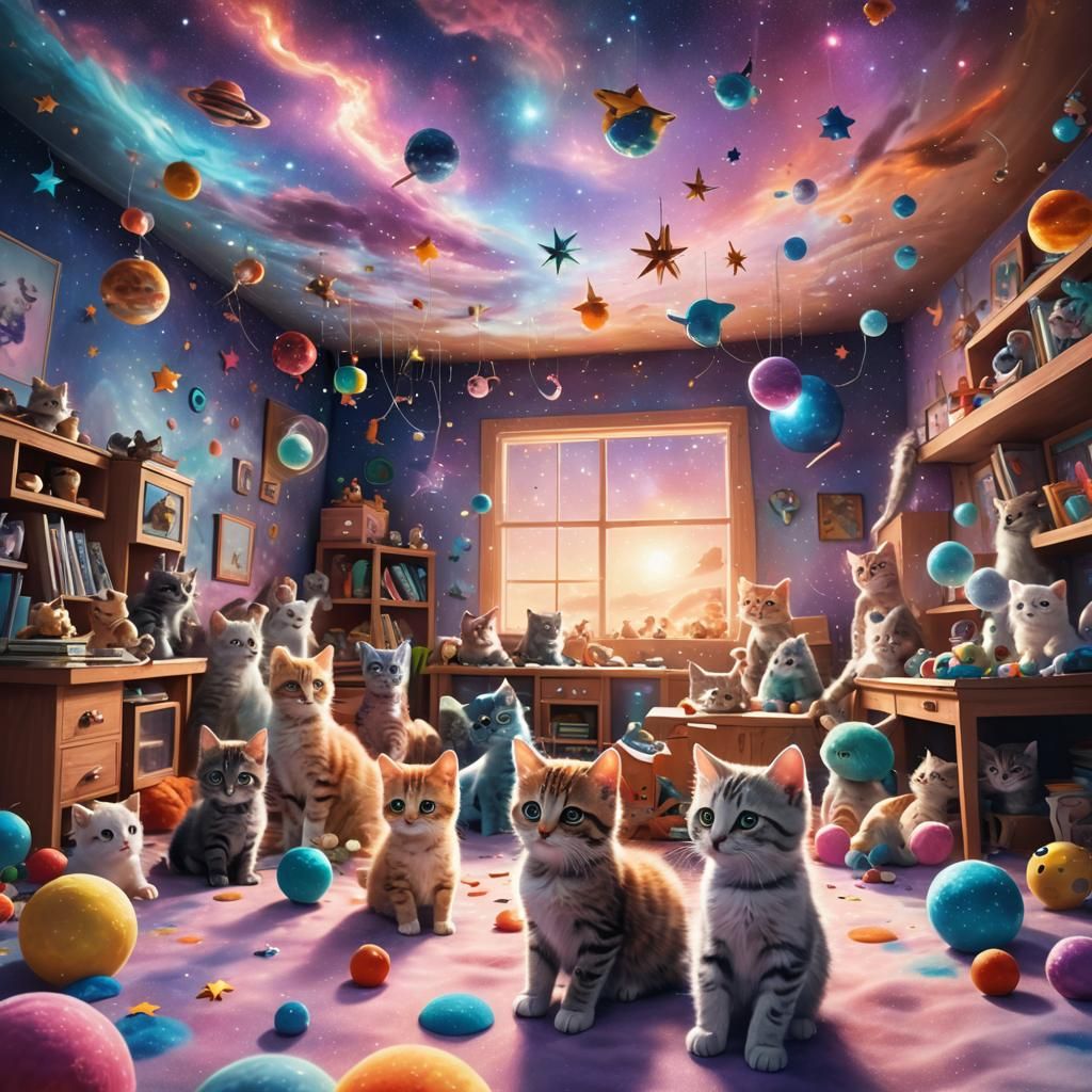 Kittens Play Among Stars in Cosmic Illustration