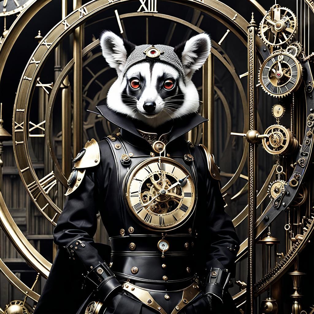 Surreal Clockwork Lemurs in Clockpunk Shin Hanga Style